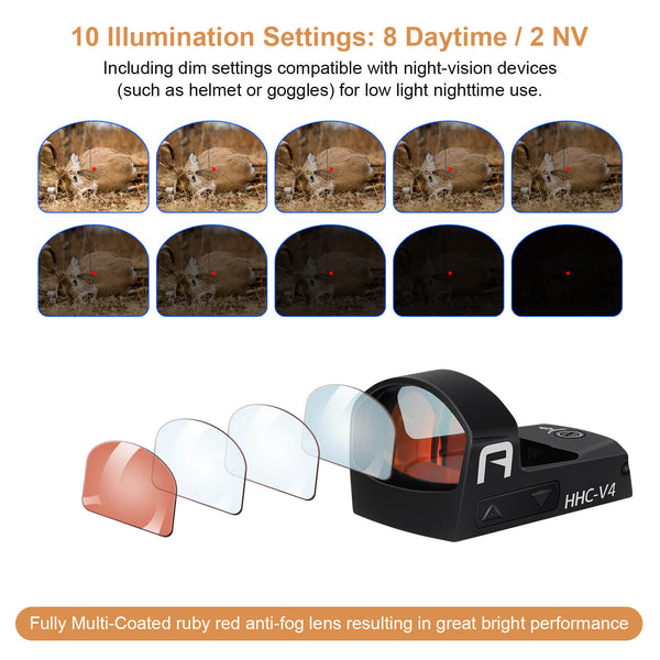 gowutar hhc-v4 red dot optic sights 10 illumination settings