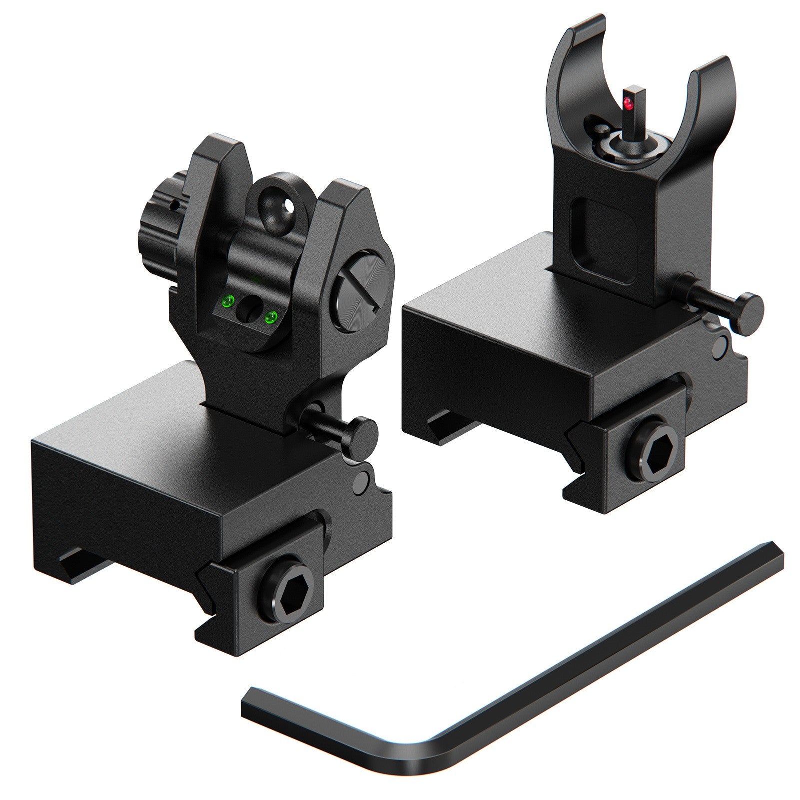 Fiber Optic Iron Sights Flip-Up Set - Front & Rear For Picatinny Rails, Adjustable & Water Resistant