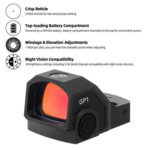 GOWUTAR GP1 Micro Red Dot Sight - RMSc/407k/507k Footprint - 3 MOA Pistol Red Dot Optics for Subcompact Setups